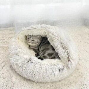 Generic Cat Bed Round Fluffy Hooded Cave Anti-Anxiety Cozy Machine Washable Grey