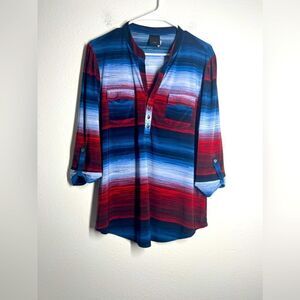 Women's SIze  L Chest Blue Multi-color 3/4 Sleeve Pullover Poly Pocket Top JTB
