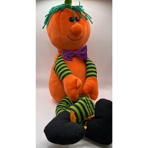 Vintage Sugar Loaf Plush Pumpkin Halloween Doll Green Hair, Bow Tie 18” Rare HTF