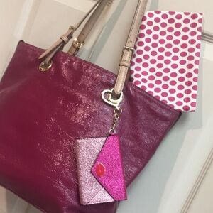 💗RARE! MICHAEL KORS  Raspberry Pink Patent Tote Bag, Card Keychain, Cosmetic Bag